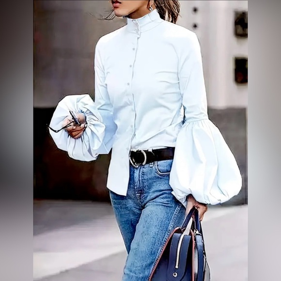 NEW:Chic Mock Neck Blouse- Front Button Detail, Long Sleeves,Elegant Casual Top - Picture 2 of 6